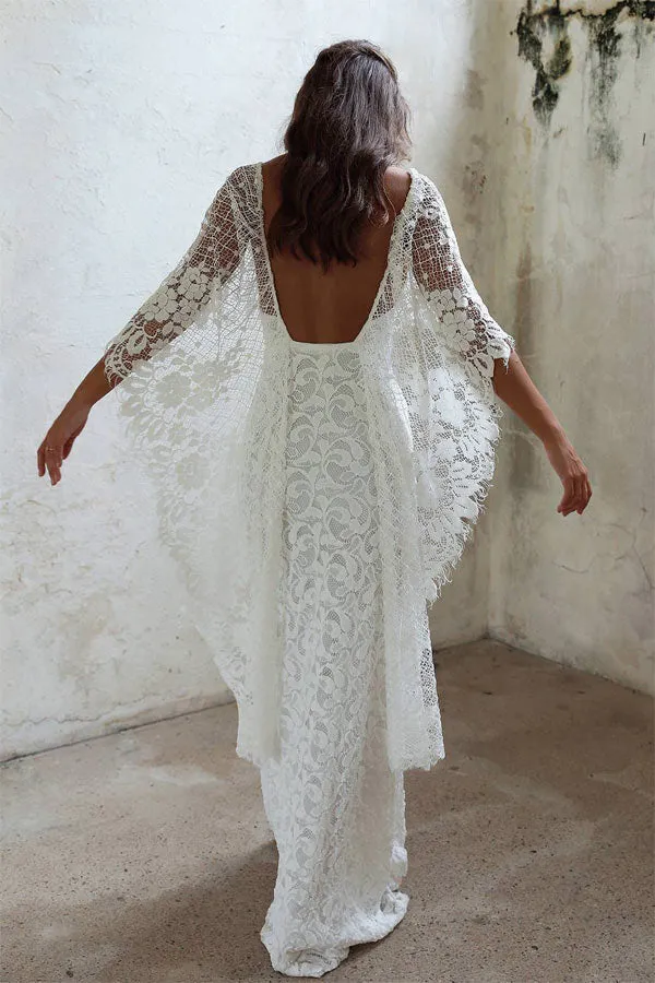 Robe de mariée fourreau romantique en dentelle à manches chauve-souris pour femme