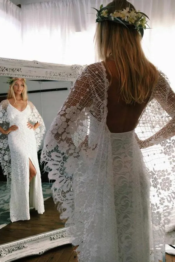 Robe de mariée fourreau romantique en dentelle à manches chauve-souris pour femme