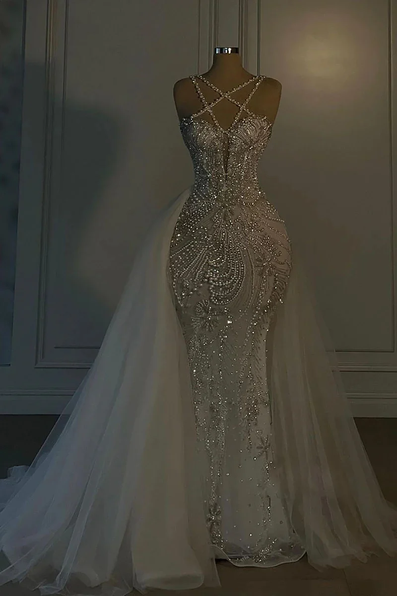 Robe de mariée longue à bretelles spaghetti et col en V, style sirène