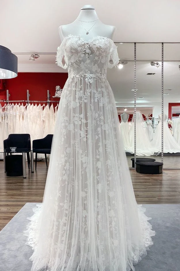 Robe de mariée trapèze sans manches, épaules dénudées, volants, tulle, dentelle, appliques