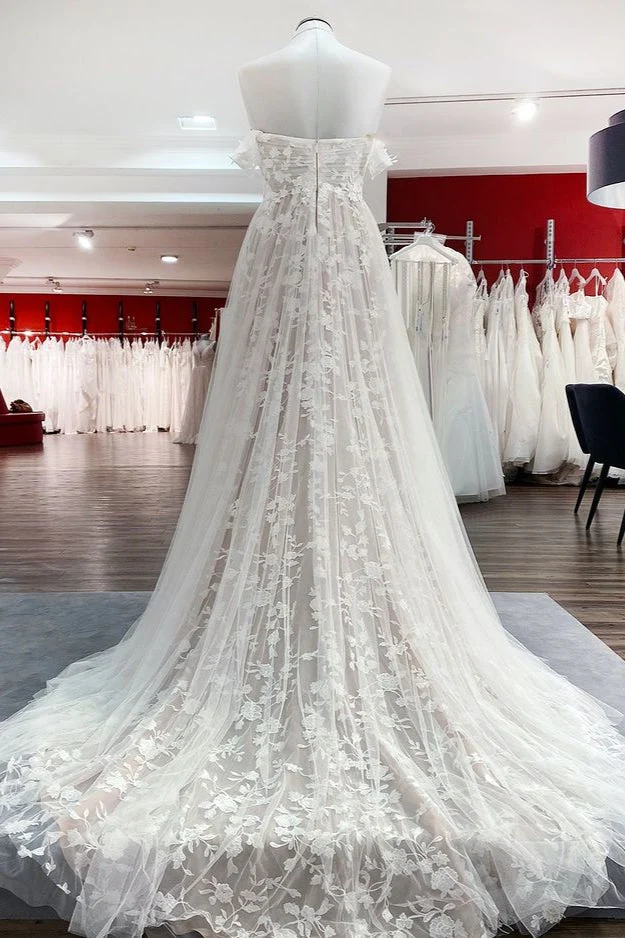 Robe de mariée trapèze sans manches, épaules dénudées, volants, tulle, dentelle, appliques