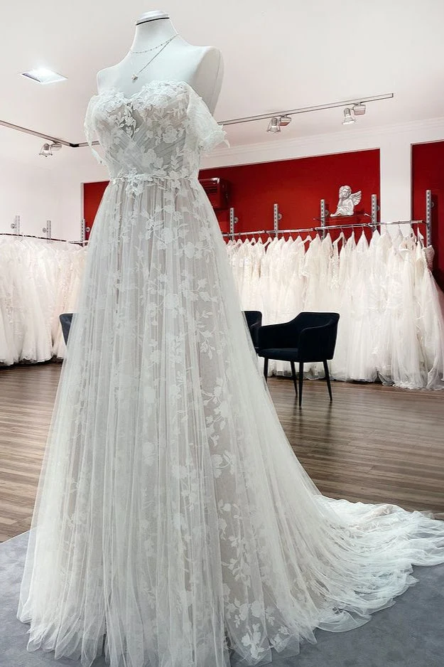 Robe de mariée trapèze sans manches, épaules dénudées, volants, tulle, dentelle, appliques