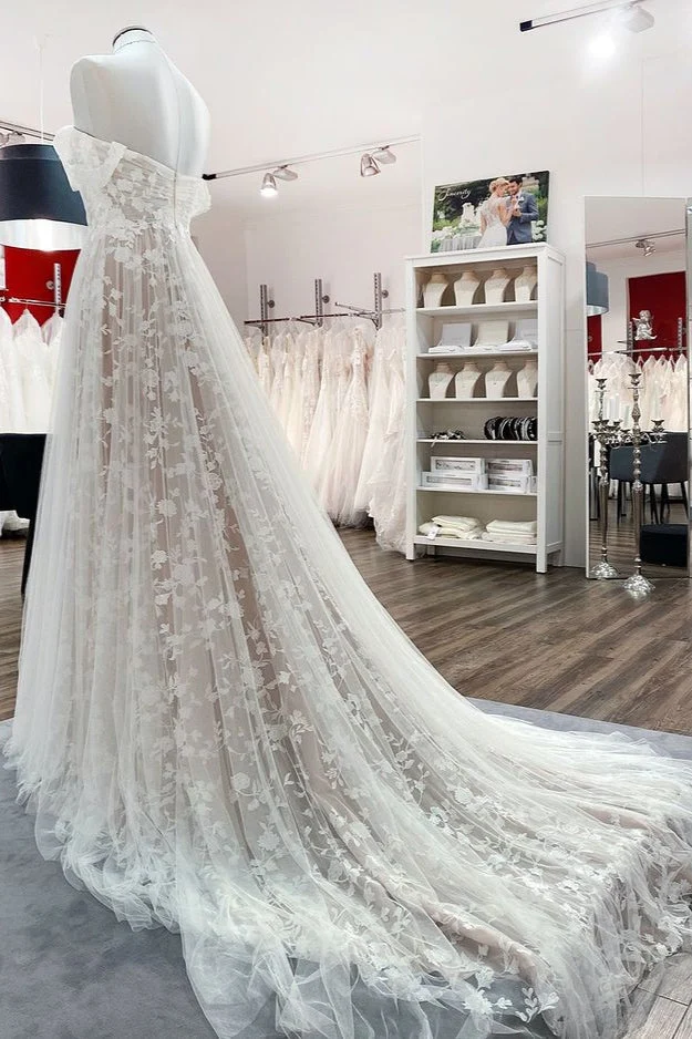Robe de mariée trapèze sans manches, épaules dénudées, volants, tulle, dentelle, appliques