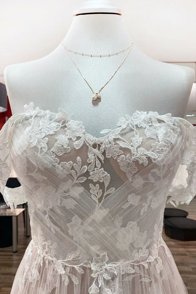 Robe de mariée trapèze sans manches, épaules dénudées, volants, tulle, dentelle, appliques