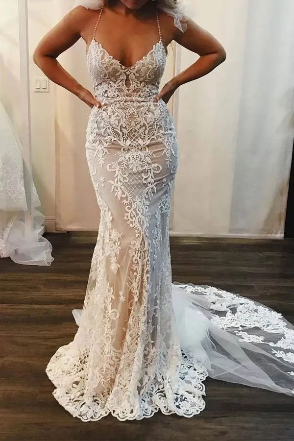Robe de mariée sirène en dentelle à bretelles spaghetti et col en V, traîne courte, WW259