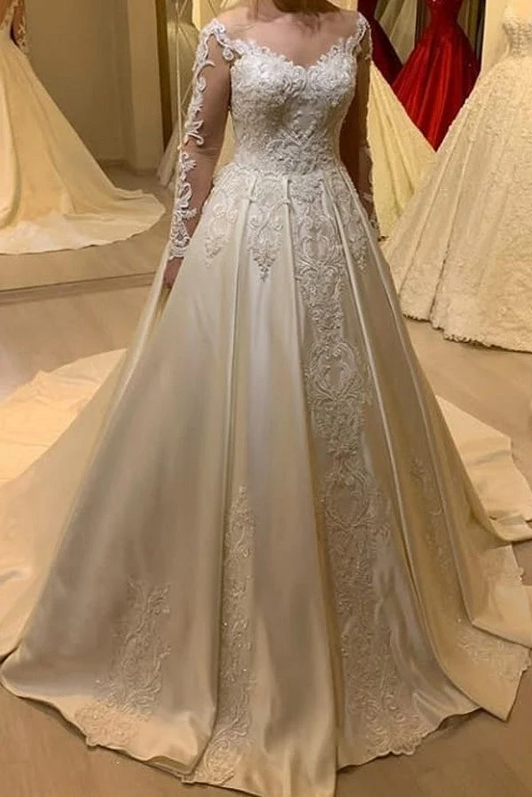 Robe de mariée trapèze à col en cœur et manches longues, en satin perlé et dentelle