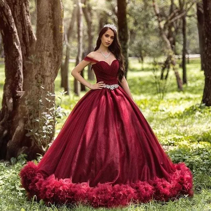 Robe de mariée princesse à épaules dénudées et manches longues en tulle avec traîne