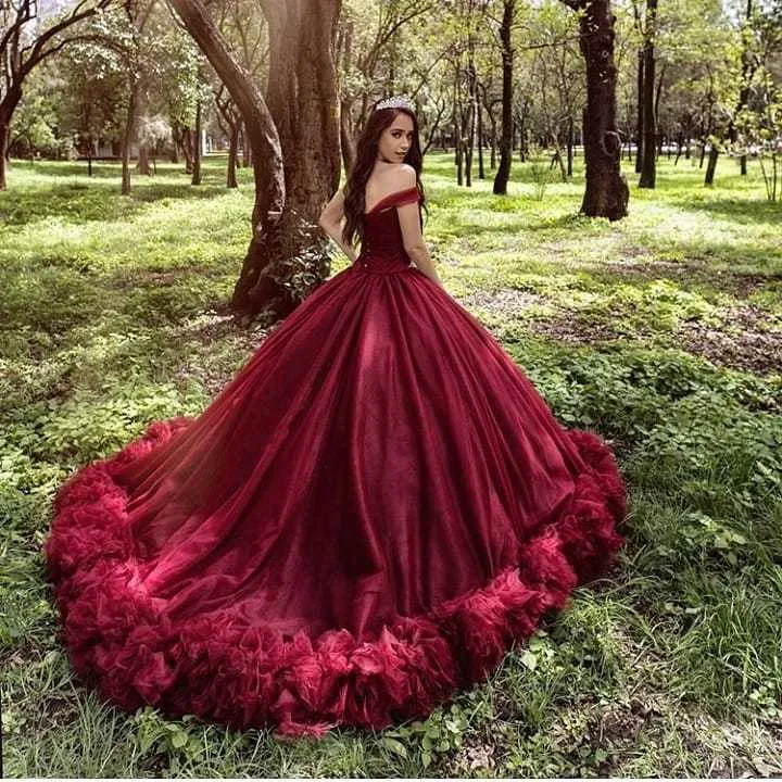 Robe de mariée princesse à épaules dénudées et manches longues en tulle avec traîne