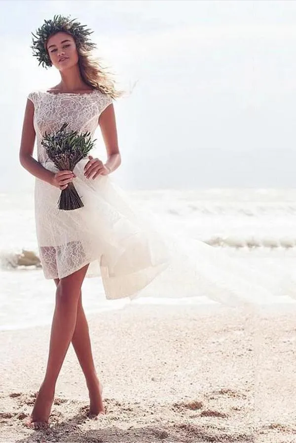 Robe de mariée bohème sans manches, coupe trapèze, en dentelle, décolleté bateau