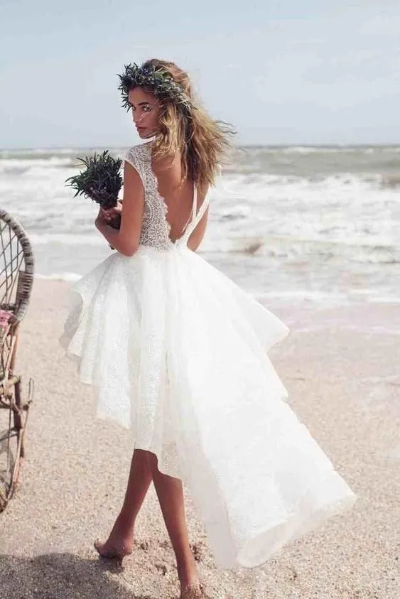 Robe de mariée bohème sans manches, coupe trapèze, en dentelle, décolleté bateau