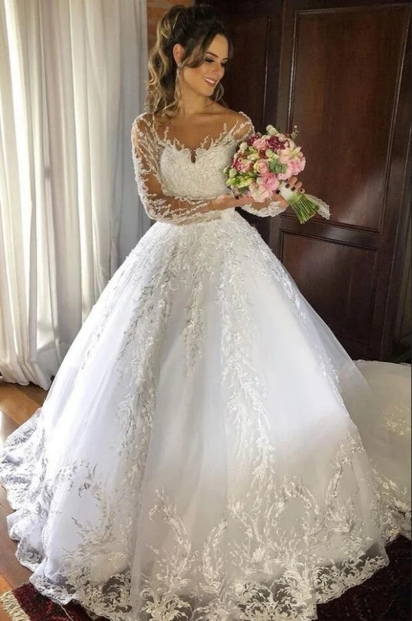 Robe de mariée en tulle à manches longues et appliques en dentelle, élégante