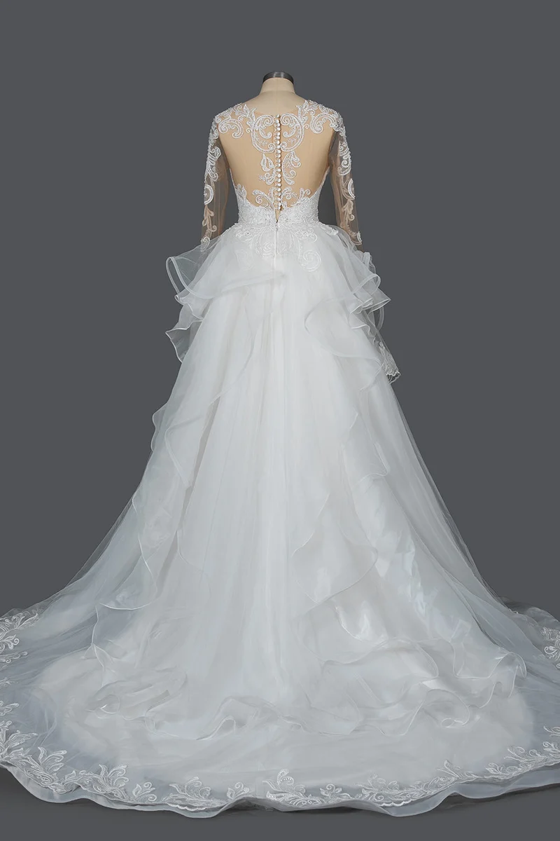 Robe de mariée trapèze à col en V avec volants, tulle et appliqués