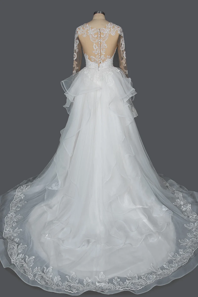Robe de mariée trapèze à col en V avec volants, tulle et appliqués