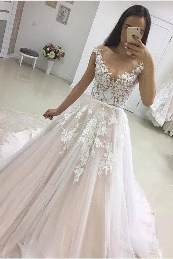 Robe de mariée élégante en dentelle avec appliques et manches longues à volants