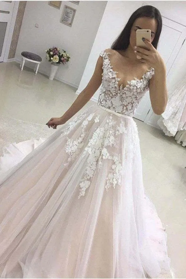 Robe de mariée élégante en dentelle avec appliques et manches longues à volants