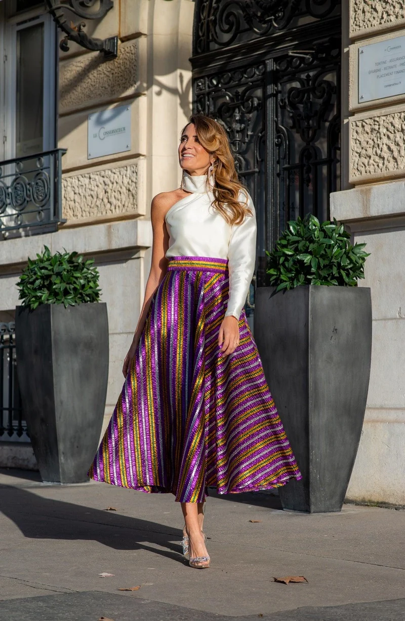 Jupe midi en faille de soie tricolore