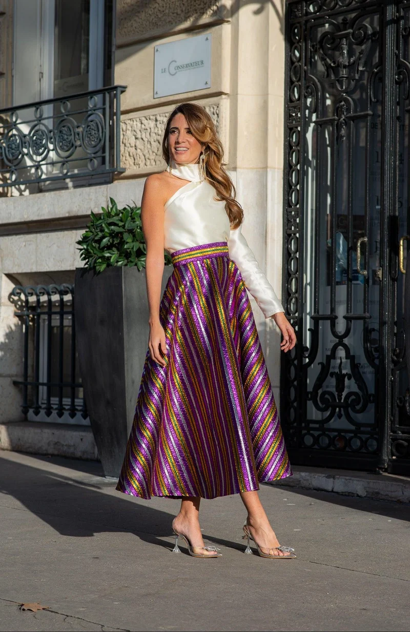 Jupe midi en faille de soie tricolore
