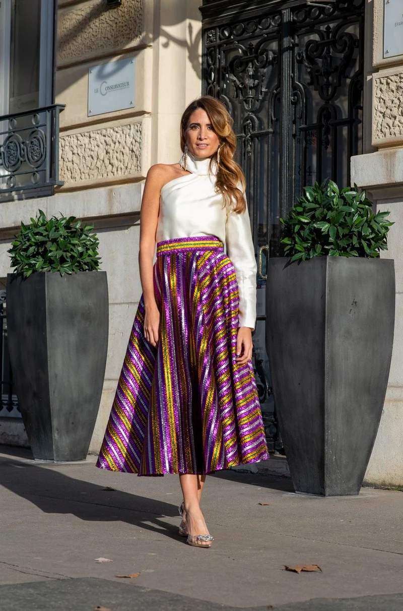 Jupe midi en faille de soie tricolore