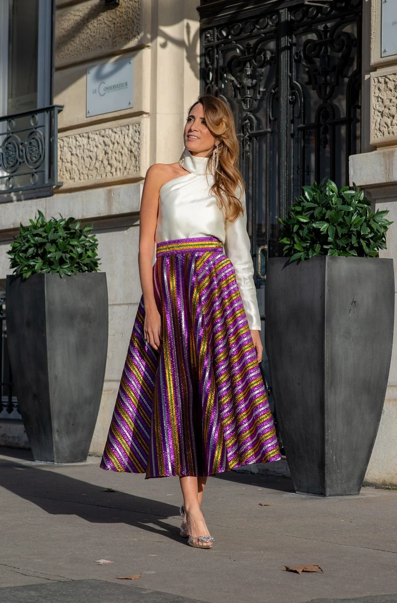 Jupe midi en faille de soie tricolore
