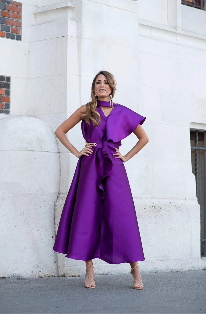 Robe midi en mikado de soie violette