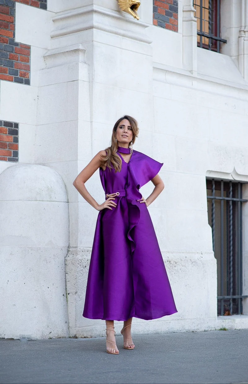 Robe midi en mikado de soie violette