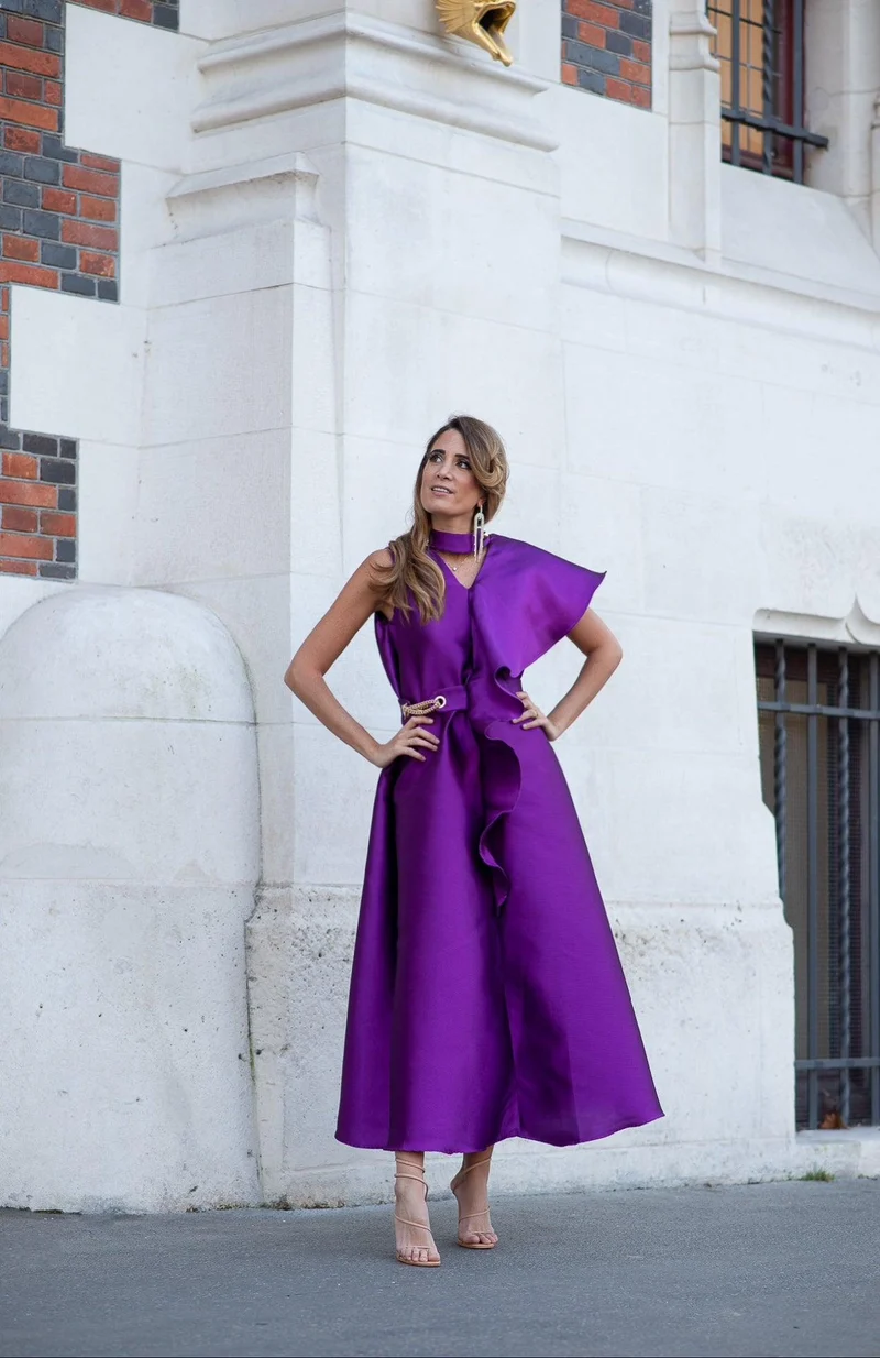 Robe midi en mikado de soie violette