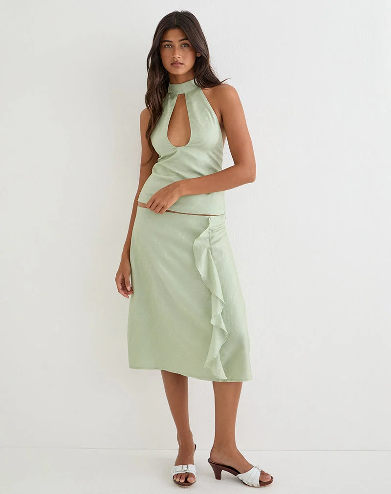 Jupe mi-longue Aksaya en mousseline chatoyante couleur olive