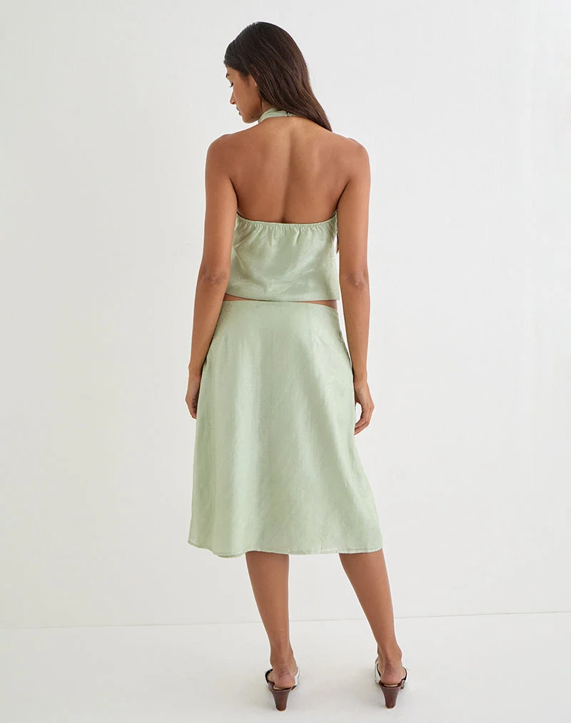 Jupe mi-longue Aksaya en mousseline chatoyante couleur olive