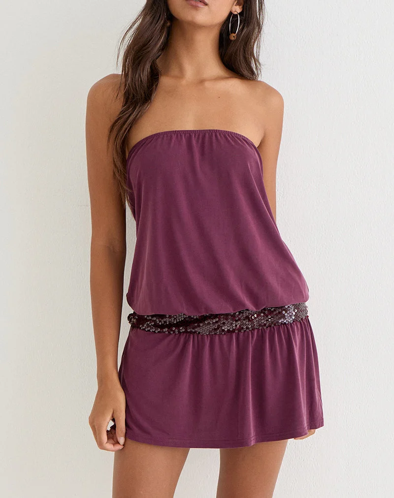 Mini-robe bandeau Ratana en cupro violet foncé avec bande à paillettes à la taille