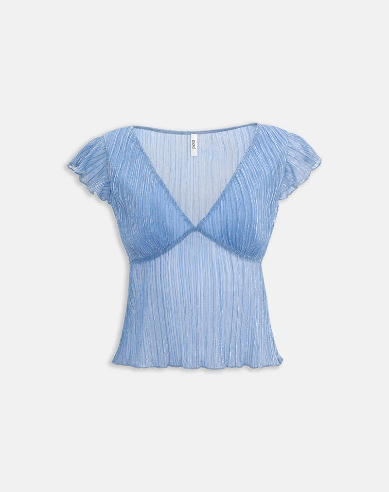 Haut Pharita à col en V, bleu plissé