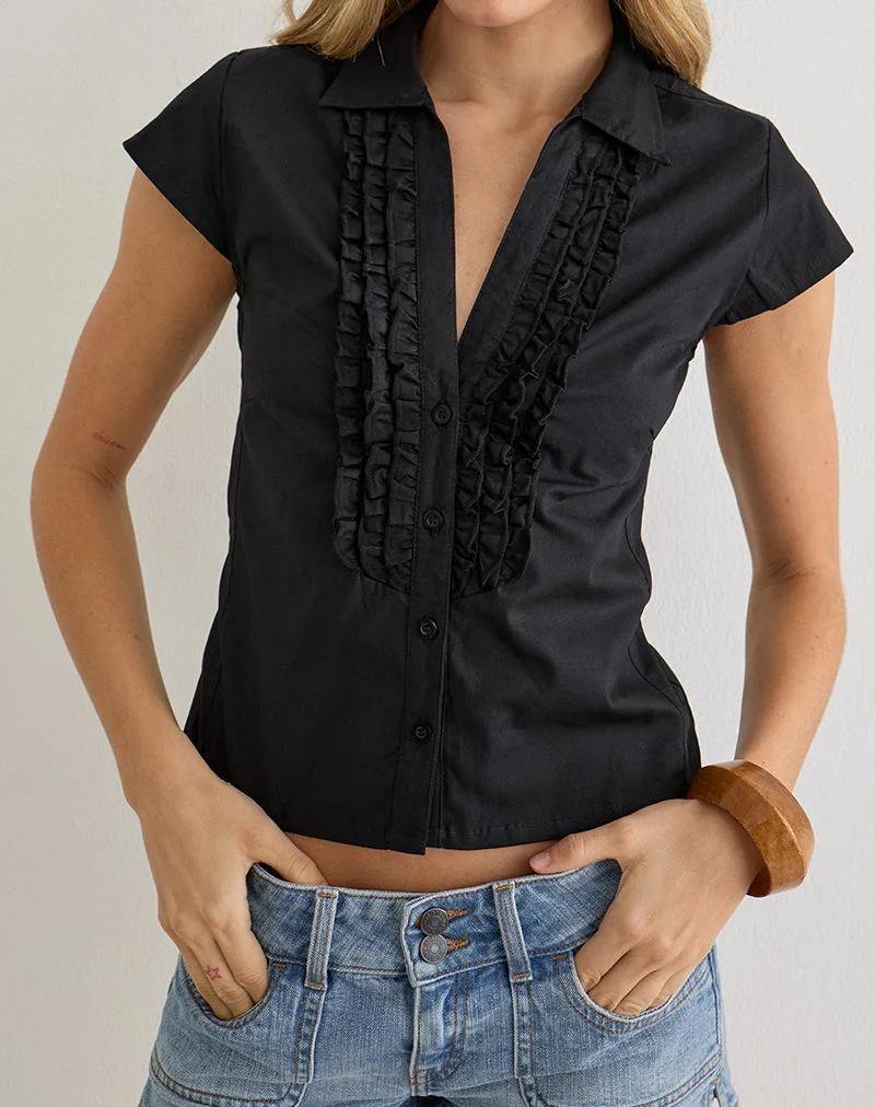 Blouse Estu avec volant au centre sur le devant, en popeline noire