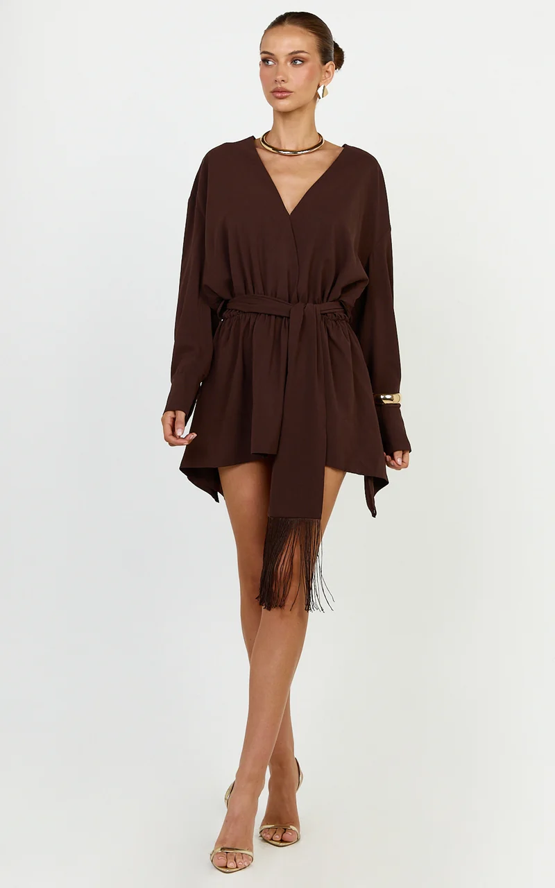 Ariette Mini Dress - Plunge Neck Fringe Detail Belt Dress in Chocolate