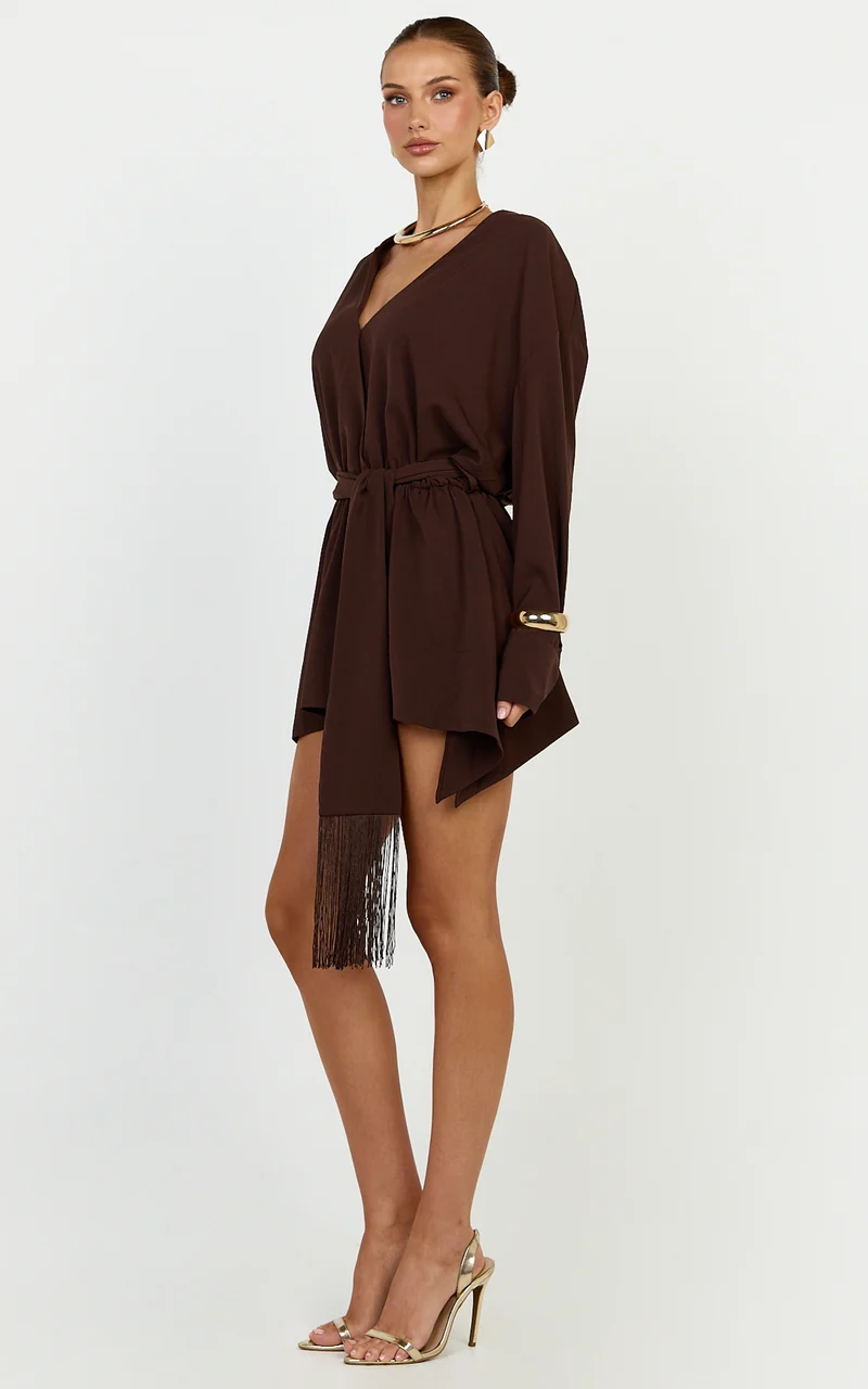Ariette Mini Dress - Plunge Neck Fringe Detail Belt Dress in Chocolate
