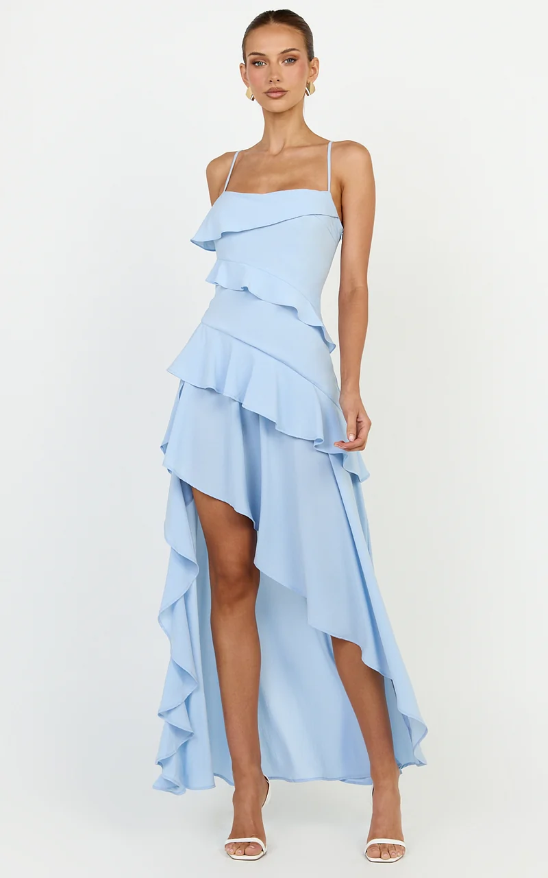 Arabella Maxi Dress - Tiered Ruffle Fit And Flare Dress in Blue