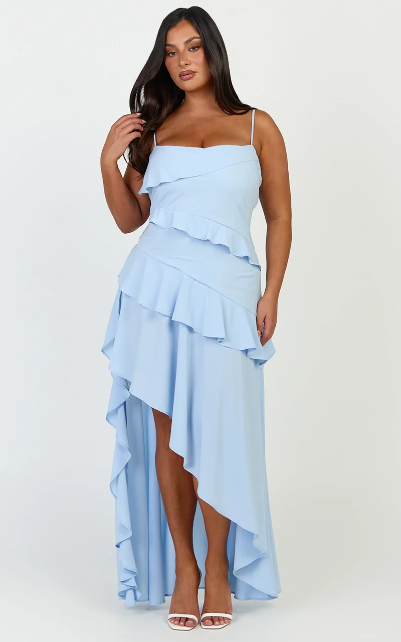 Arabella Maxi Dress - Tiered Ruffle Fit And Flare Dress in Blue