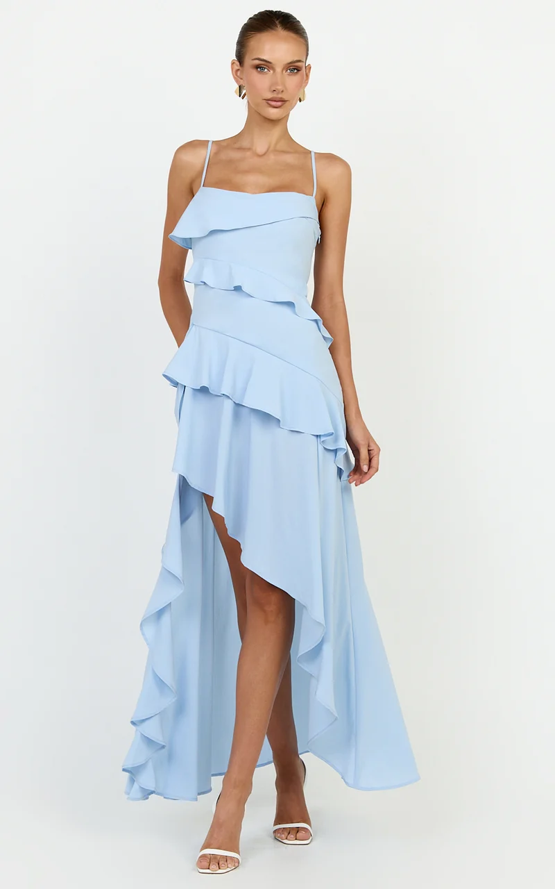 Arabella Maxi Dress - Tiered Ruffle Fit And Flare Dress in Blue