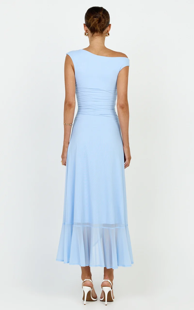 Judee Midi Dress - One Shoulder High Side Split Dress in Light Blue