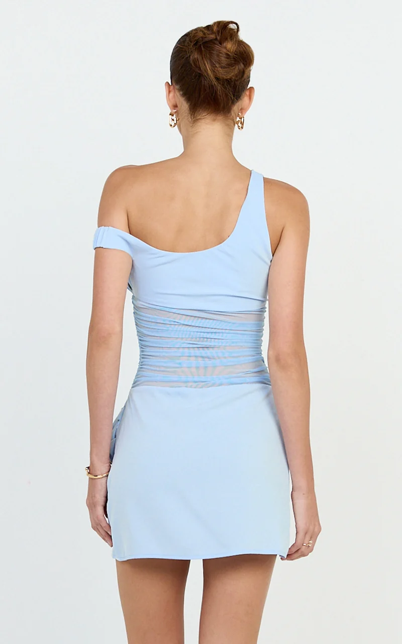 Lola Mini Dress - One Shoulder Contrast Bodycon Dress in Baby Blue
