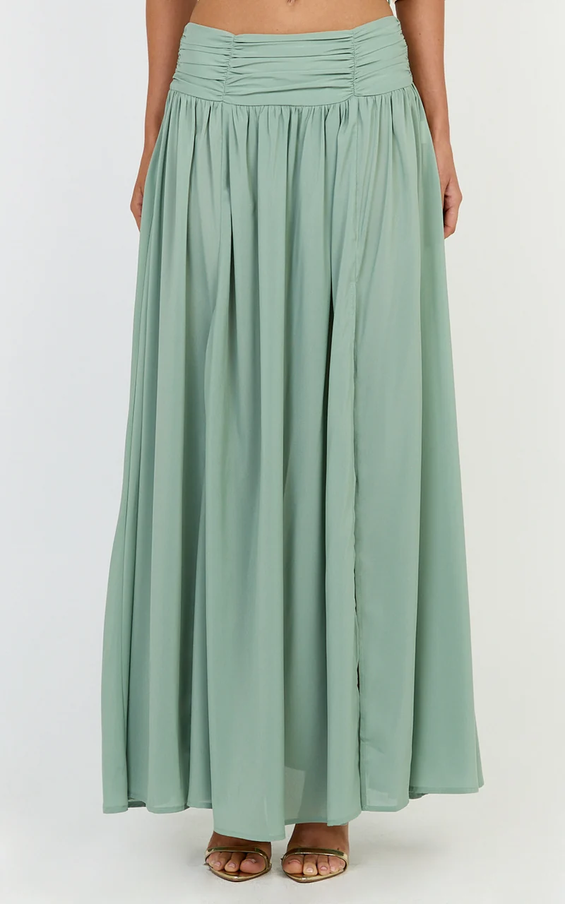 Melanie Maxi Skirt - Gathered Yoke Skirt in Green
