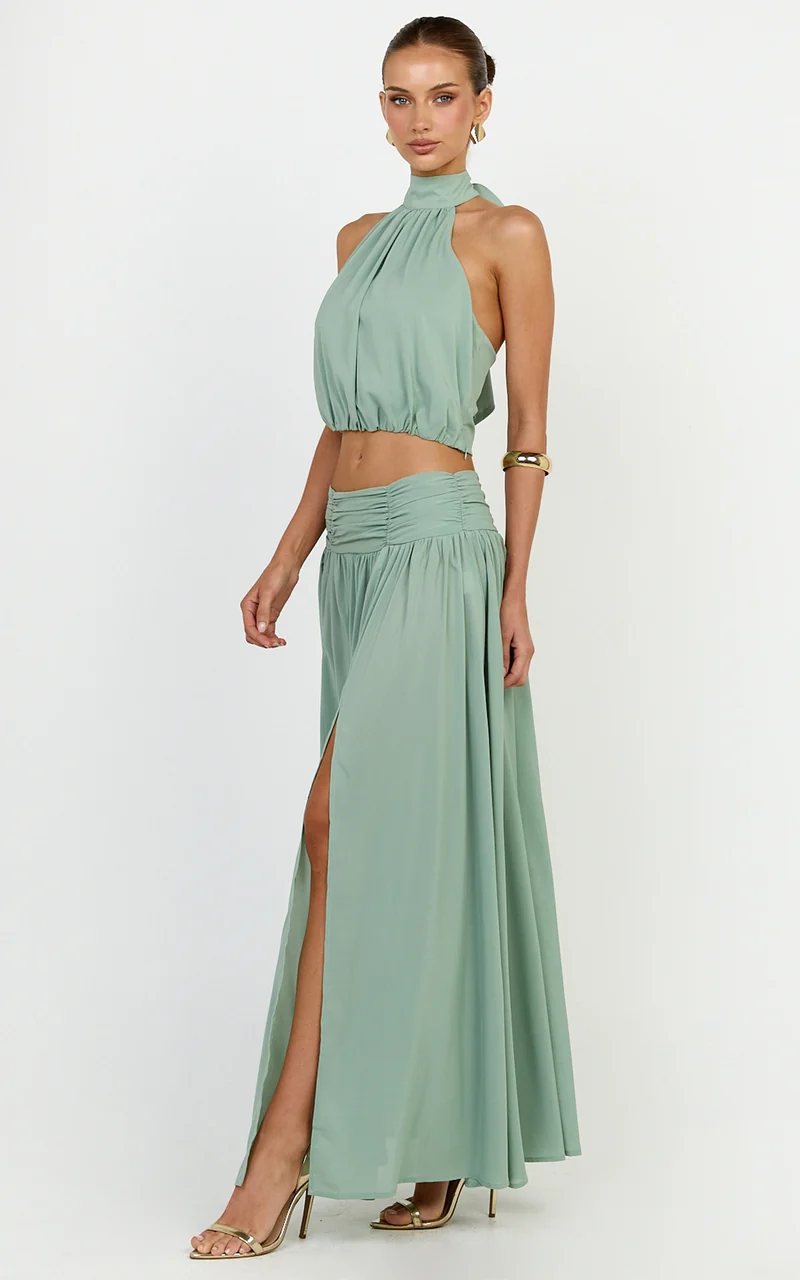 Melanie Maxi Skirt - Gathered Yoke Skirt in Green