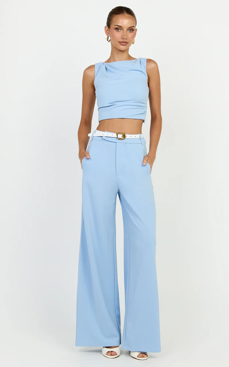 Helen Two Piece Set - Crepe Twisted Top And Wide Leg Pants in Blue