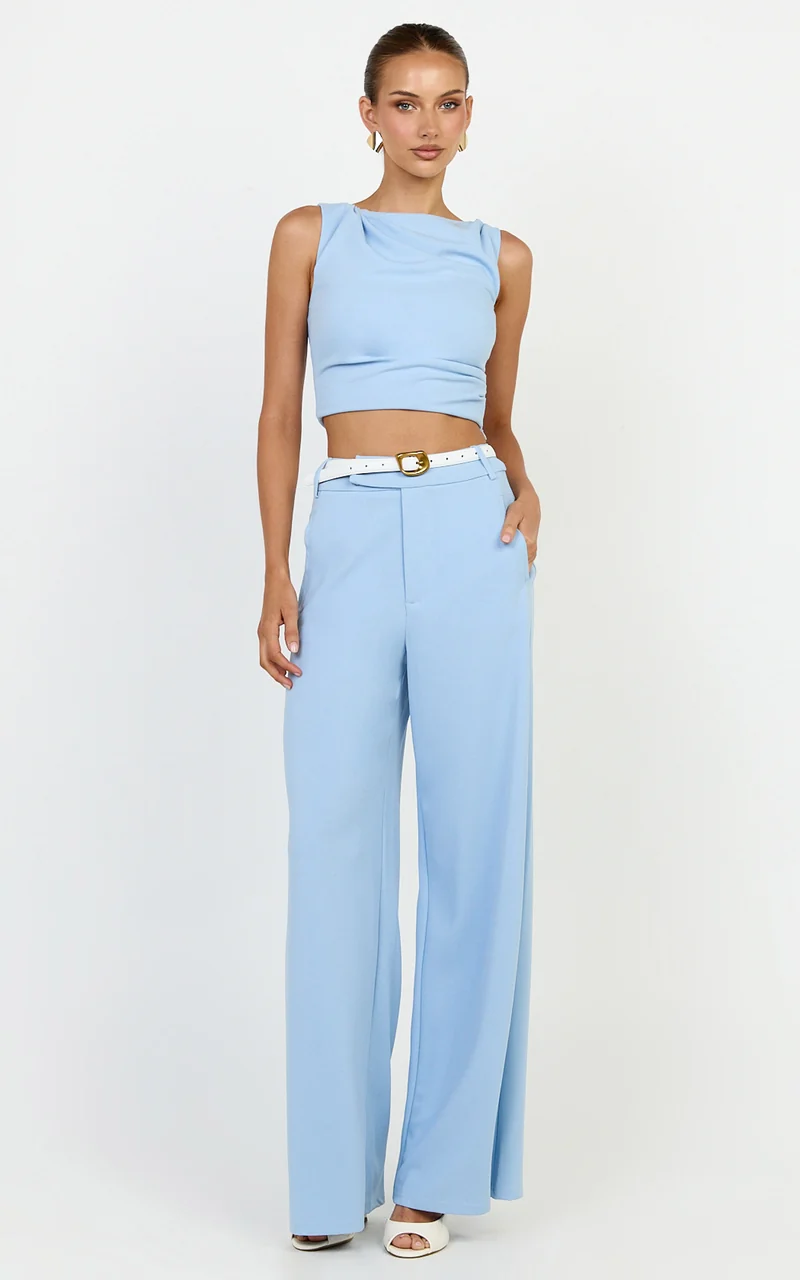 Helen Two Piece Set - Crepe Twisted Top And Wide Leg Pants in Blue