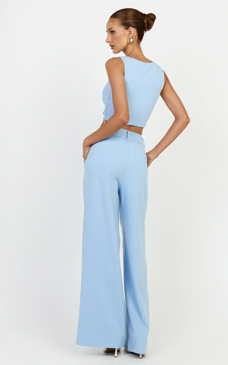 Helen Two Piece Set - Crepe Twisted Top And Wide Leg Pants in Blue