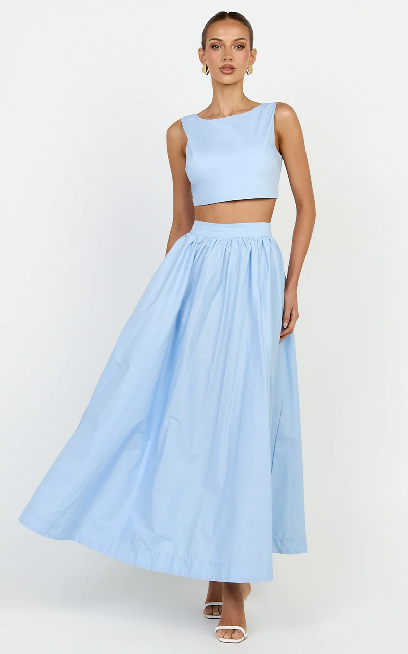 Billie Two Piece Top and Skirt Set - Tie Back Top with Full Maxi Skirt in Blue