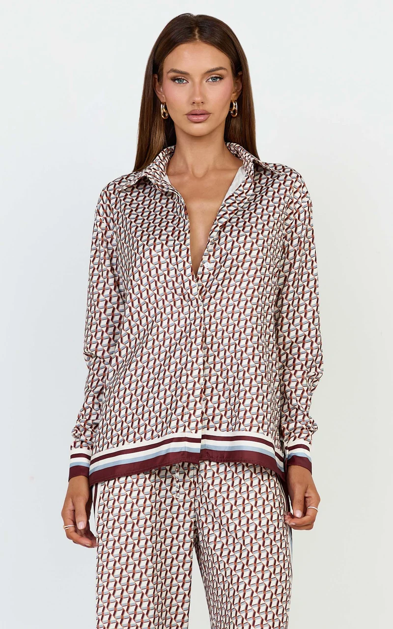 Noelle Top - Geo Border Print Button Front Long Sleeve Shirt in Geo Border Print