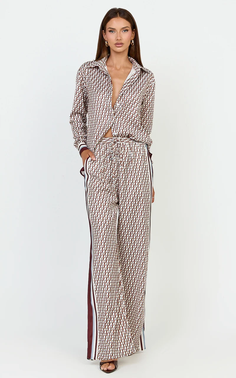 Noelle Top - Geo Border Print Button Front Long Sleeve Shirt in Geo Border Print