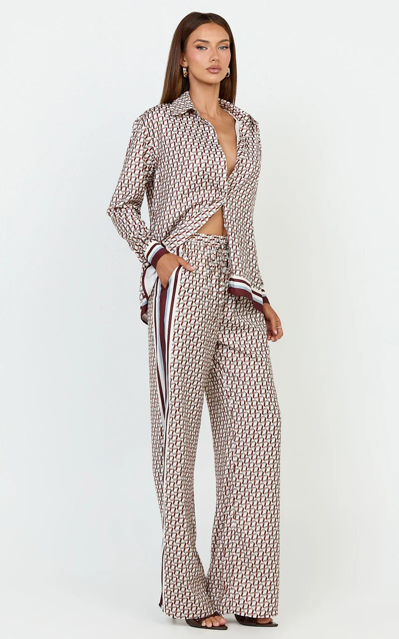 Noelle Top - Geo Border Print Button Front Long Sleeve Shirt in Geo Border Print