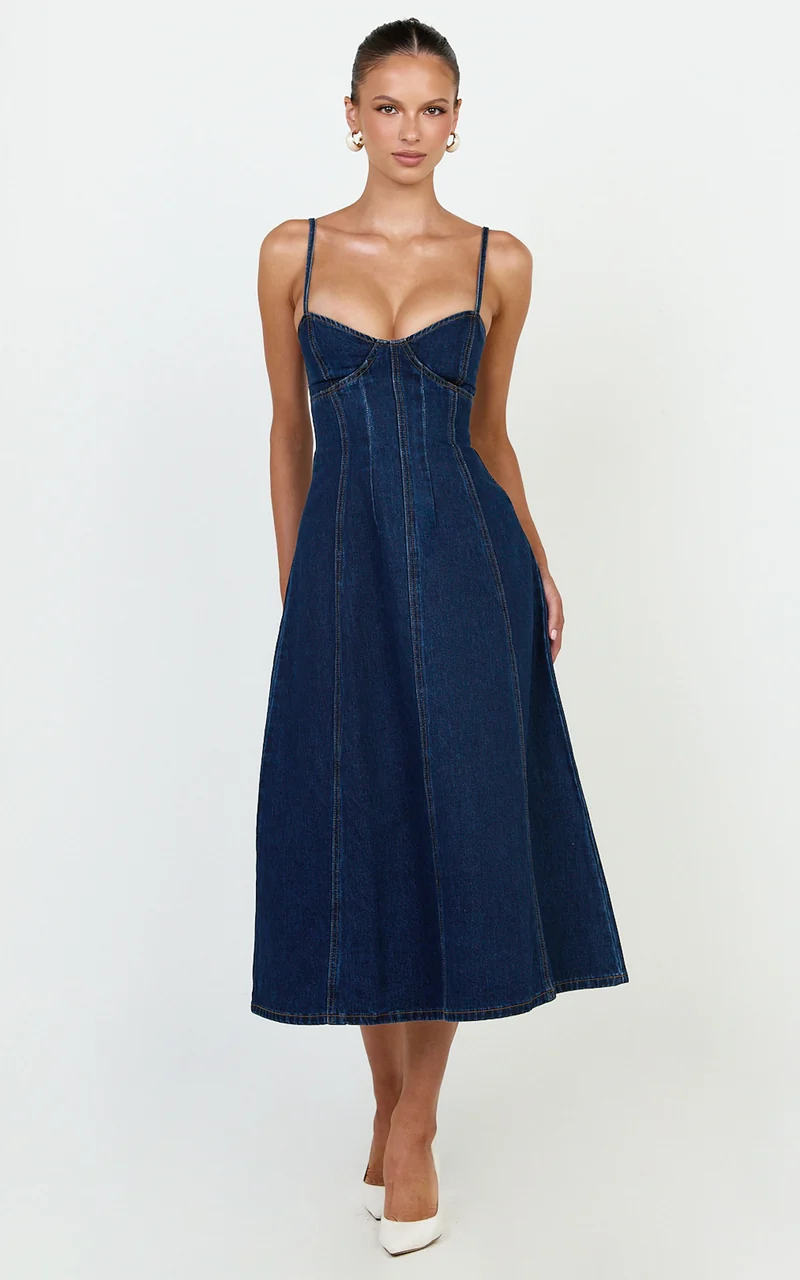 Prisha Midi Dress - Recycled Denim Fit and Flare Dress in Indigo Wash