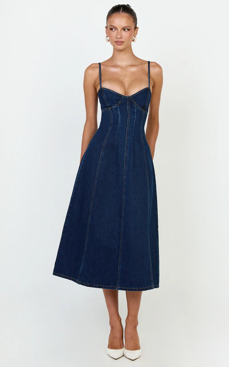 Prisha Midi Dress - Recycled Denim Fit and Flare Dress in Indigo Wash