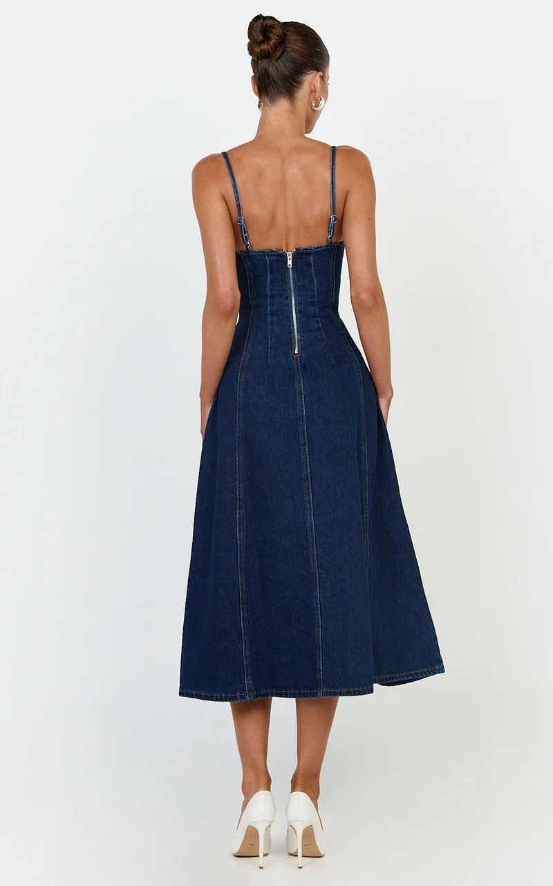 Prisha Midi Dress - Recycled Denim Fit and Flare Dress in Indigo Wash